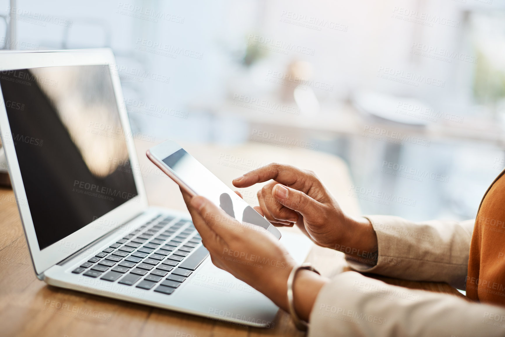 Buy stock photo Hands, laptop and phone with business employee at desk of office for email, feedback or report. Computer, mobile and research with corporate person in professional workplace for communication