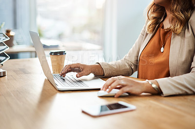 Buy stock photo Mouse, laptop and hands of person in office, business article and news research for publication on desk. Technology, connection and digital of content writer for online blog, typing and information