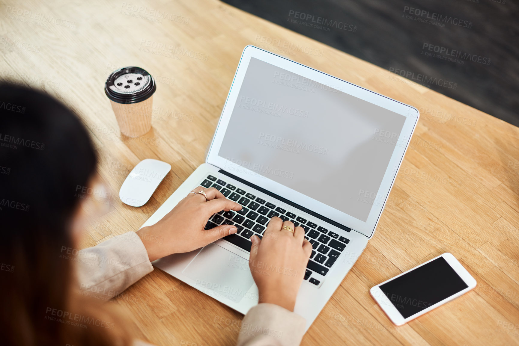 Buy stock photo Above, hands and woman with laptop, screen and keyboard with research review, proposal and journalist. Article, person or employee with pc, cellphone or typing with mockup space or feedback in office