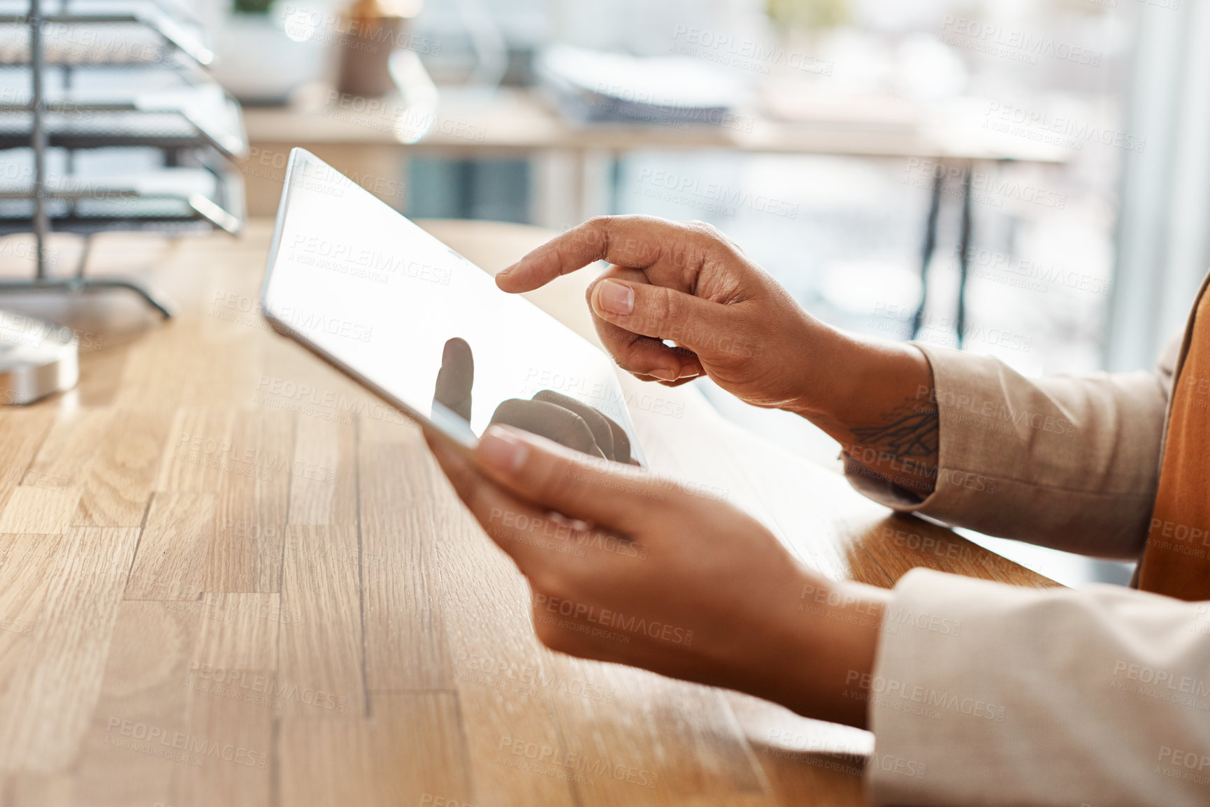 Buy stock photo Hands, information and tablet with business person at desk of office for email, feedback or report. Research, technology and touchscreen with corporate employee in professional workplace closeup