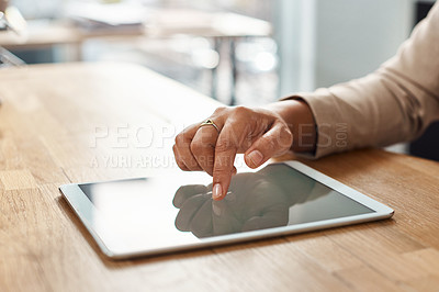 Buy stock photo Hands, tablet screen and touch with business person at desk of office for email, feedback or report. Finger, information and online research with corporate employee in professional workplace closeup