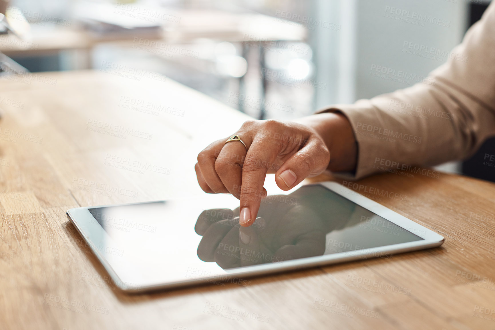 Buy stock photo Hands, tablet screen and touch with business person at desk of office for email, feedback or report. Finger, information and online research with corporate employee in professional workplace closeup