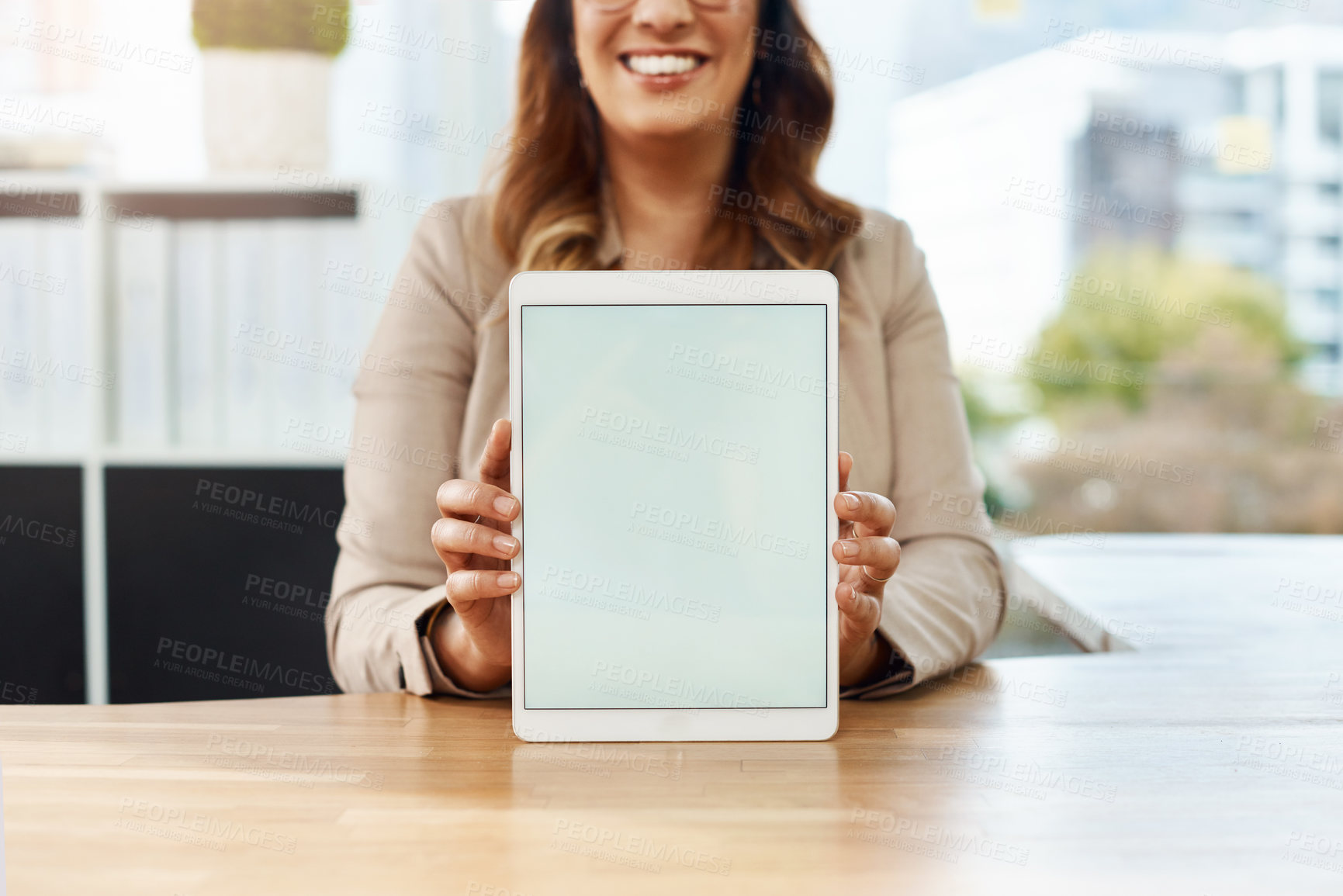 Buy stock photo Closeup, business and woman with tablet screen, hands and internet with mockup space. Professional, employee and consultant with tech, internet and promotion for company website or email notification