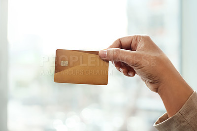 Buy stock photo Hands, business and woman with credit card, showing and finance with payment, savings and investment. Closeup, person and professional in office, chip and budget with transactions and ecommerce