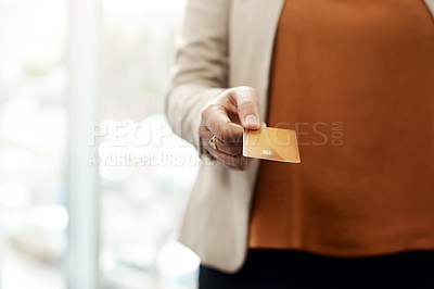 Buy stock photo Hand, business and woman with credit card, payment and savings with transactions in office. Closeup, agent and consultant with banking, ecommerce and finance with accounting and service for shopping