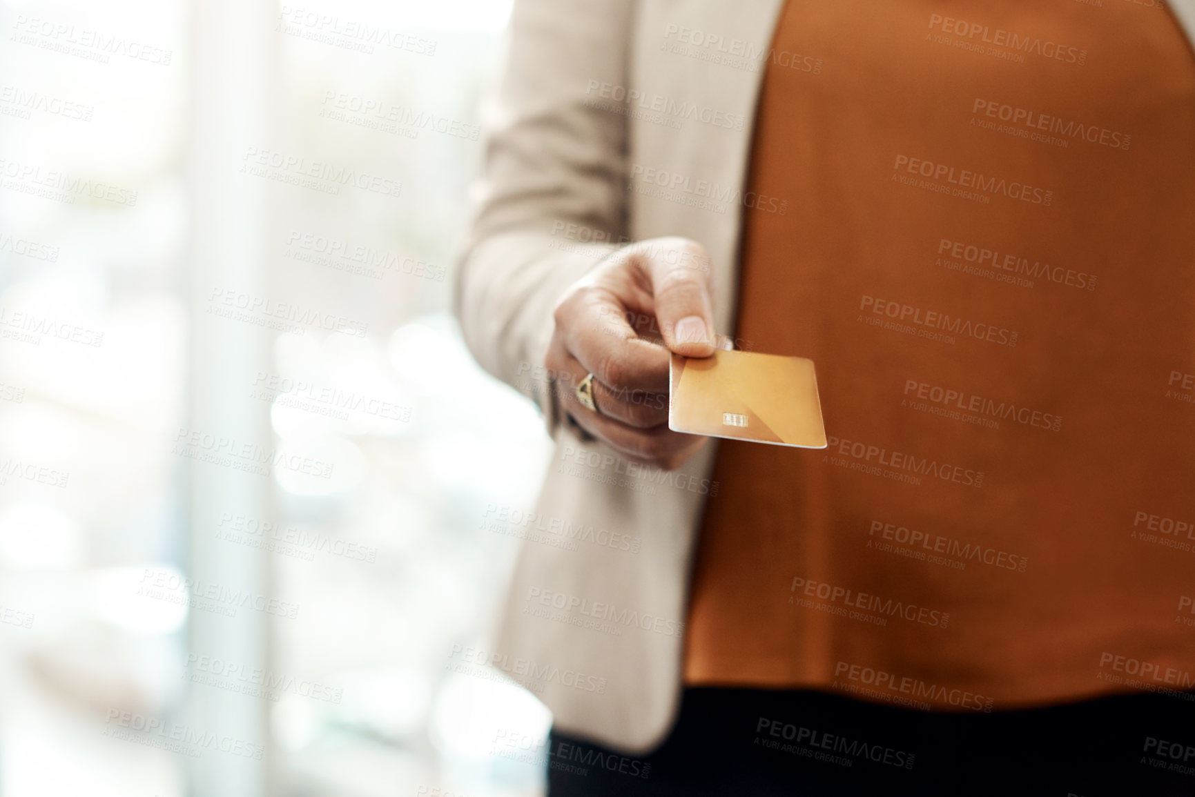 Buy stock photo Hand, business and woman with credit card, payment and savings with transactions in office. Closeup, agent and consultant with banking, ecommerce and finance with accounting and service for shopping