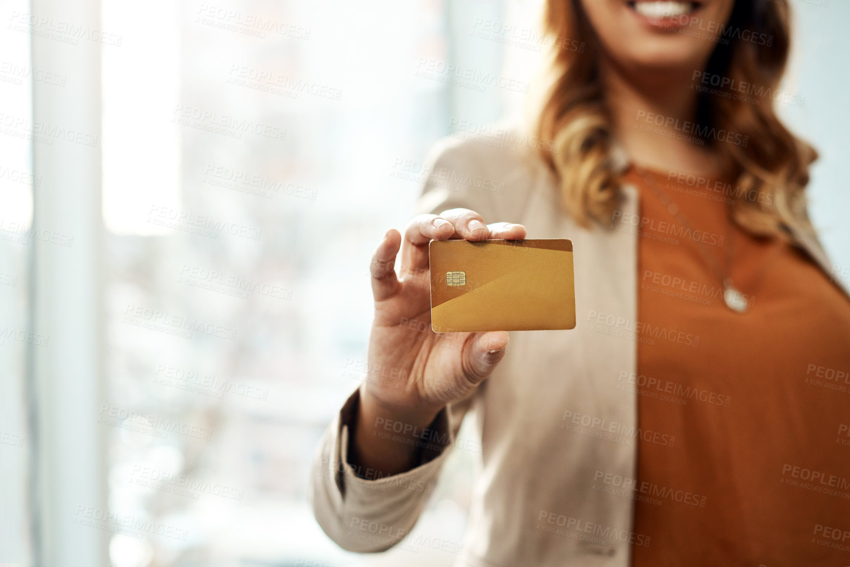 Buy stock photo Hand, business and woman with credit card, showing and savings with transactions in office. Closeup, agent and consultant with banking, ecommerce and finance with accounting and offer for payment