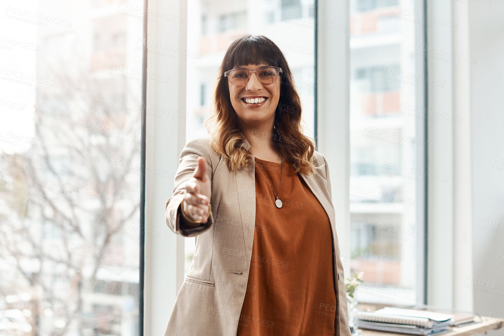 Buy stock photo Portrait, business and woman with handshake, recruitment and meeting for job interview. Closeup, person or employee in office, onboarding or b2b deal with welcome, smile or partnership with promotion