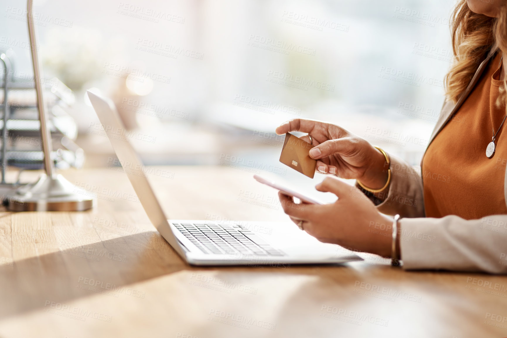 Buy stock photo Credit card, laptop and phone with hands of businessperson at desk for flight booking or travel expenses. Computer, mobile and payment with employee in professional workplace for communication