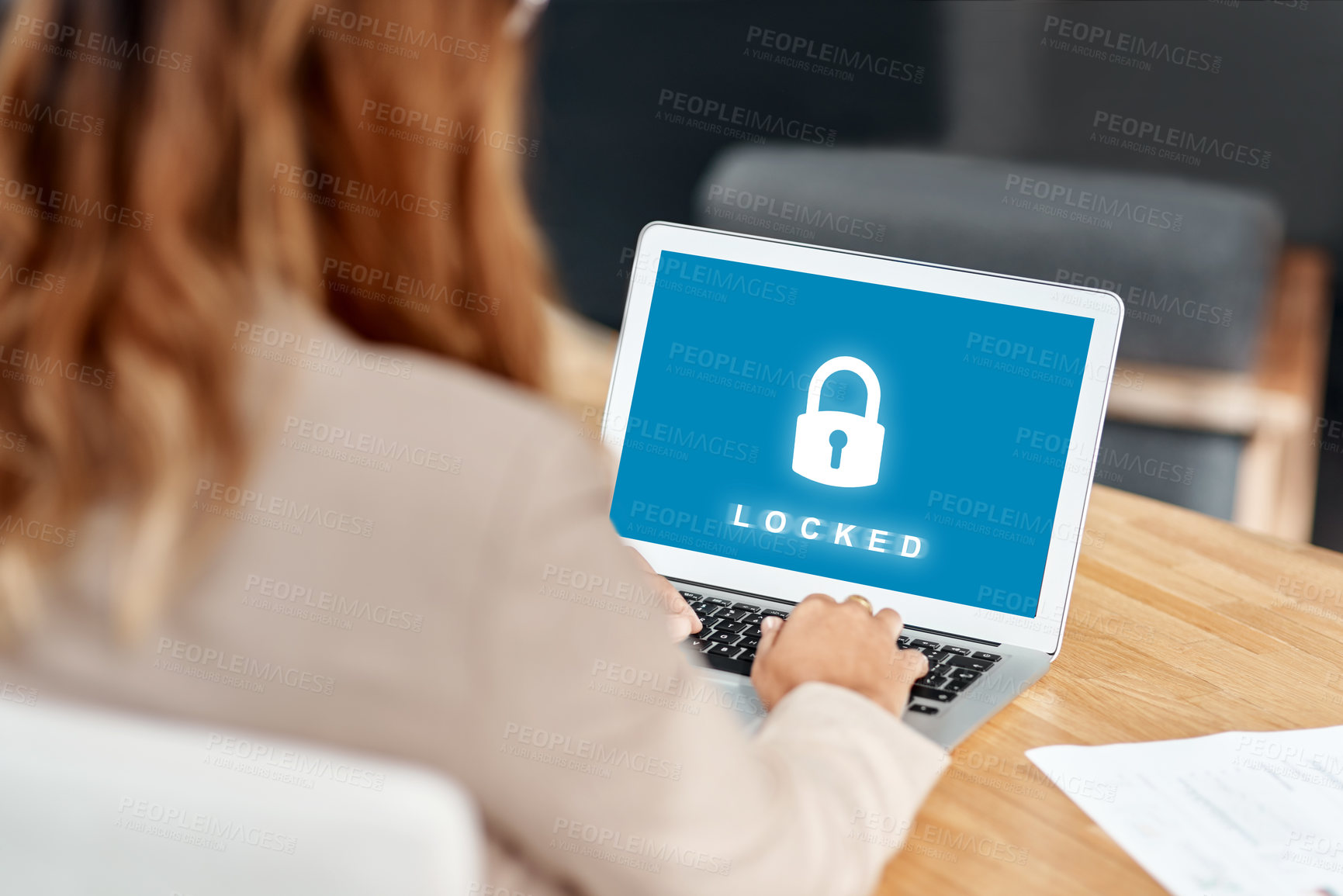 Buy stock photo Hand, laptop screen and lock icon in office with typing, display and ux for cybersecurity system. Person, computer and software with symbol, protection and safety from virus, phishing or hacking