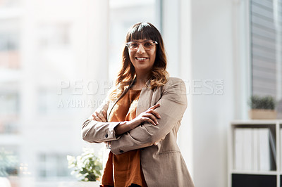 Buy stock photo Crossed arms, happy and portrait of businesswoman in office with positive attitude for career. Glasses, smile and female art director for magazine with confidence and pride for creative job in Brazil