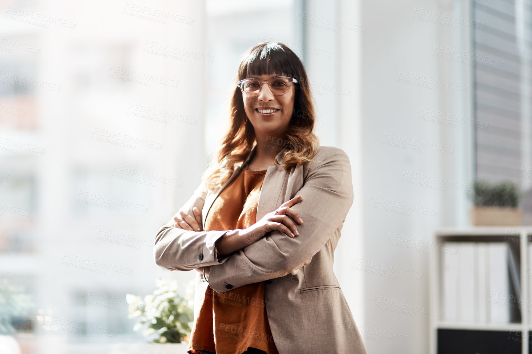 Buy stock photo Crossed arms, happy and portrait of businesswoman in office with positive attitude for career. Glasses, smile and female art director for magazine with confidence and pride for creative job in Brazil