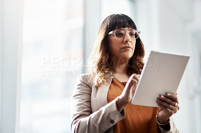 Buy stock photo Tablet, networking and businesswoman in office for creative project for international public relations client. Research, digital technology and communications director with email for media report.