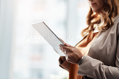 Buy stock photo Hands, business and woman with tablet for communication, networking or online connection. Research, digital technology and female art director reading email for client media report in office.