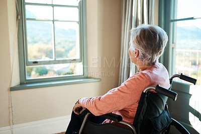 Buy stock photo Woman, nursing home and wheelchair by window for thinking, vision or person with disability, rehabilitation or relax. Elderly lady, remember or looking ahead in retirement, house or memory in morning