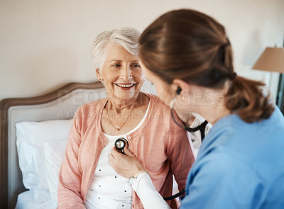 Buy stock photo Stethoscope, bed and caregiver with senior woman for medical chest consultation at nursing home. Healthcare, help and nurse with auscultation tool for checkup with elderly patient in assisted living.