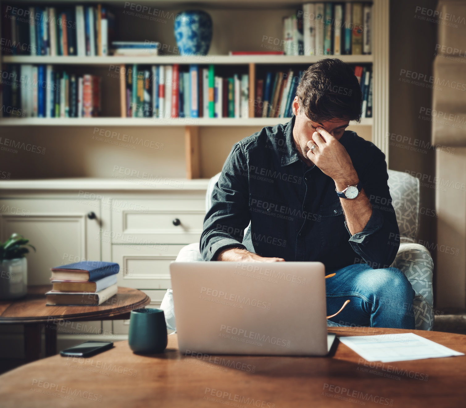 Buy stock photo Man, remote work and laptop with stress headache for project crisis, tired and 404 glitch in home office. Freelance, copywriting and guy with migraine for computer fail, poor connection and mistake