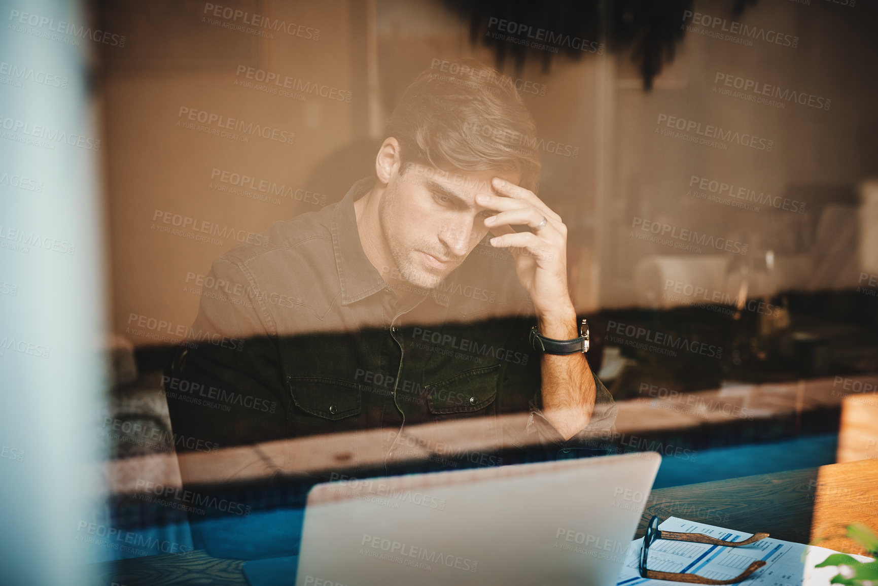 Buy stock photo Stress, mistake and man with laptop in home for stock market crash, finance error or crisis. Computer, burnout and male trader with fear for investment risk with cryptocurrency fail at apartment.