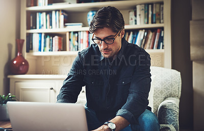 Buy stock photo Man, laptop connection and remote work for online report, planning and communication in home office. Freelance, typing and guy with computer for copywriting career, editing article and seo project