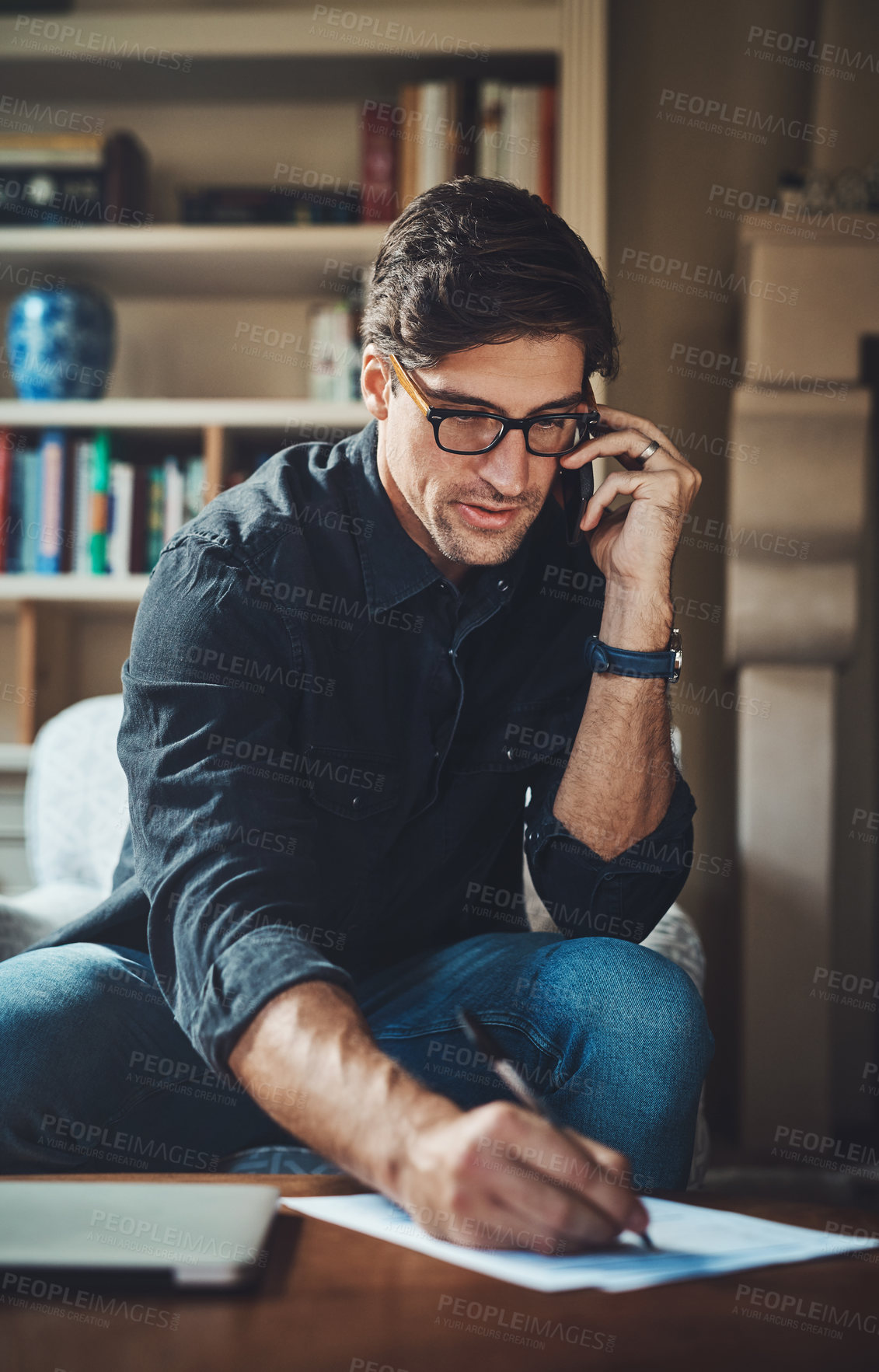 Buy stock photo Home, phone call and man planning, business and conversation for new project, feedback and remote work. Male person, entrepreneur and consultant on a couch, smartphone and communication with ideas