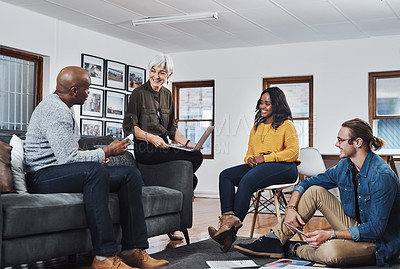 Buy stock photo Meeting, laptop and business people in office for discussion, project development or teamwork. Planning, diversity and staff with paperwork for collaboration, conversation or review at travel agency