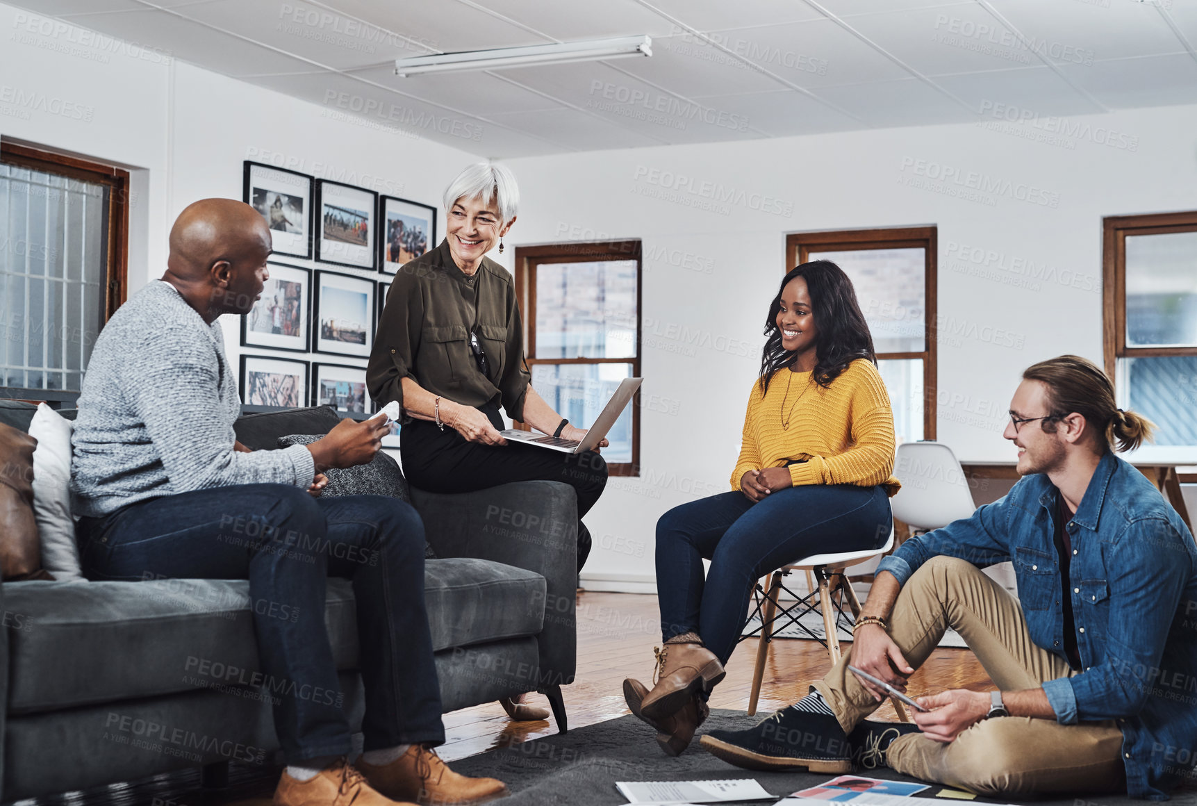 Buy stock photo Meeting, laptop and business people in office for discussion, project development or teamwork. Planning, diversity and staff with paperwork for collaboration, conversation or review at travel agency