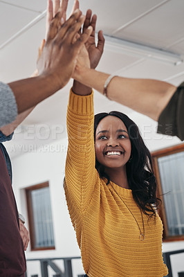 Buy stock photo Business people, group and hands with high five in office for partnership agreement, team building and celebration. Collaboration, employees and synergy gesture for support, achievement and happy