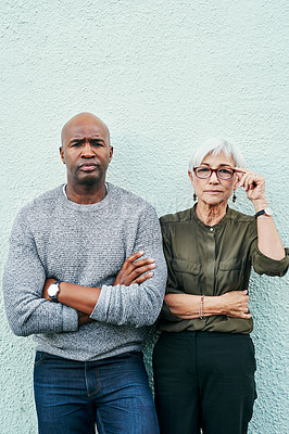 Buy stock photo Business, people and arms crossed in portrait with blue background with vision about teamwork experience. Professional, together and focus outdoor on wall for collaboration and working management