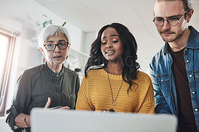 Buy stock photo Planning, laptop and business people in office with feedback, project development or teamwork. Discussion, diversity and employees for collaboration, conversation or online review at travel agency