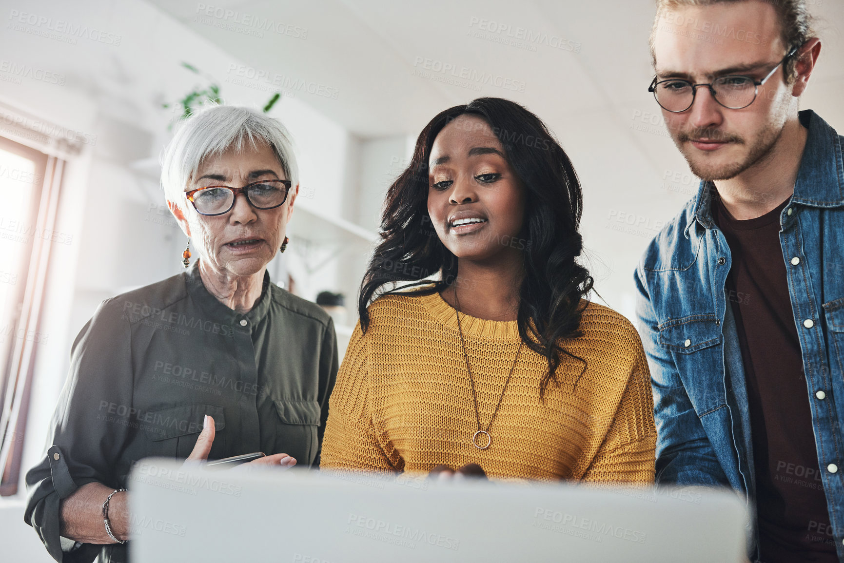 Buy stock photo Planning, laptop and business people in office with feedback, project development or teamwork. Discussion, diversity and employees for collaboration, conversation or online review at travel agency