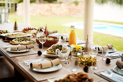 Buy stock photo Cropped shot of a dinning area set up for Christmas day