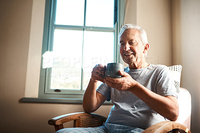 Buy stock photo Smile, senior and man with coffee in morning for peaceful start to day, thinking and comfortable with enjoyment. Elderly person, warm beverage and happy in house for tranquil moment and wellness.