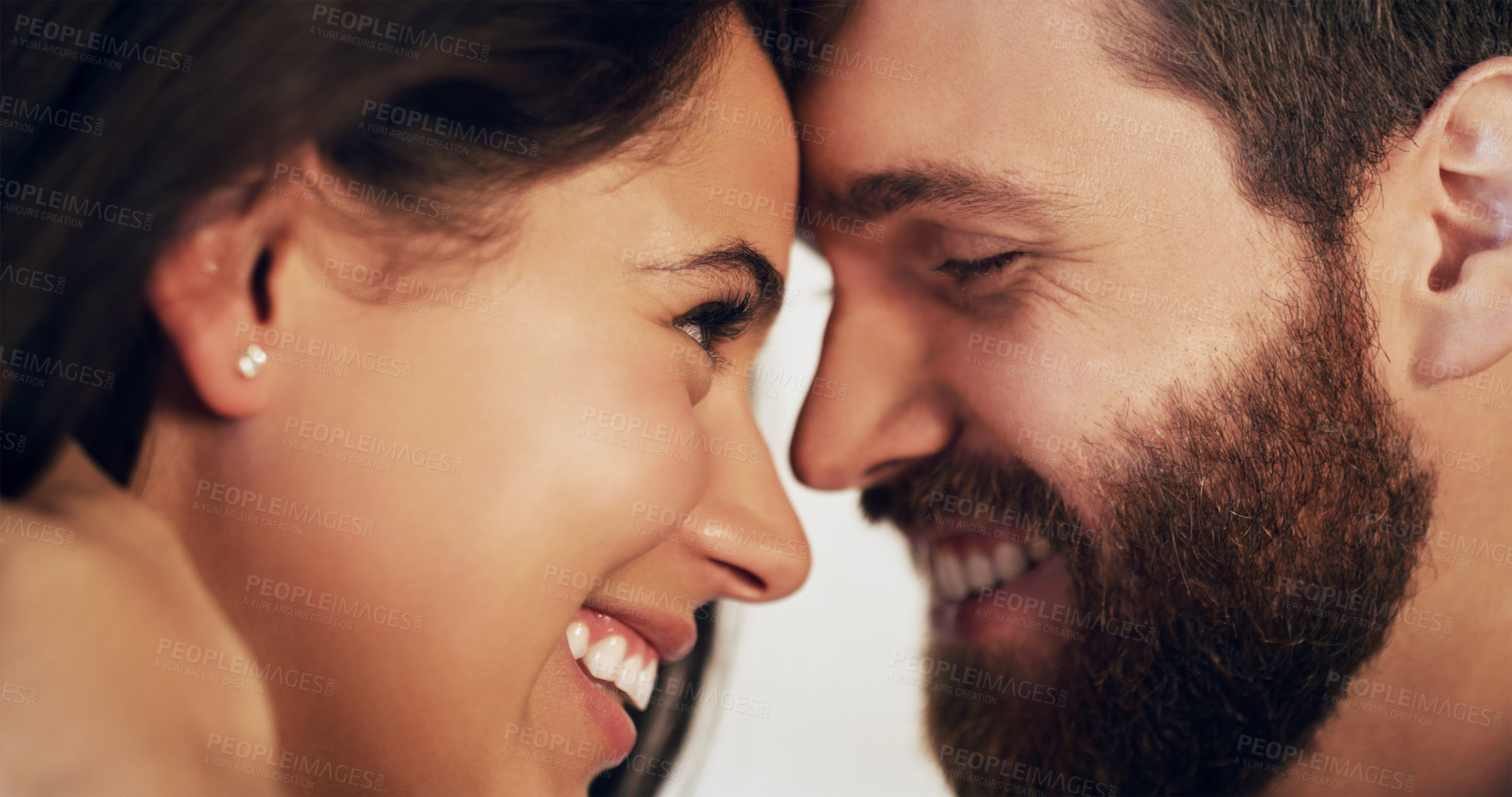 Buy stock photo Couple, people and home smile with forehead touch together and support on closeup. Relationship, happy and bonding for romance with commitment for care, trust and soulmate for love or affection