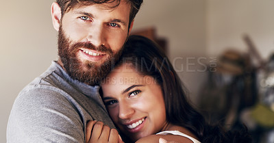 Buy stock photo Couple, people and home in smile with hug on portrait, together and support for affection. Relationship, happy and bonding for romance with commitment for care, help and trust as soulmate for love