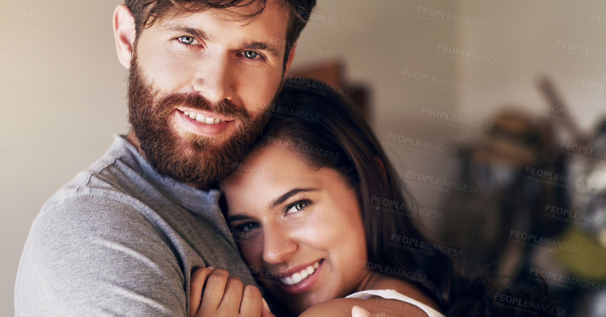 Buy stock photo Couple, people and home in smile with hug on portrait, together and support for affection. Relationship, happy and bonding for romance with commitment for care, help and trust as soulmate for love