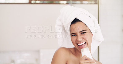 Buy stock photo Woman, bathroom and portrait in home, sing and product for skincare, cleaning and hygiene for girl in shower. House, silly and fun with karaoke with towel, aesthetic and grooming  for body in morning