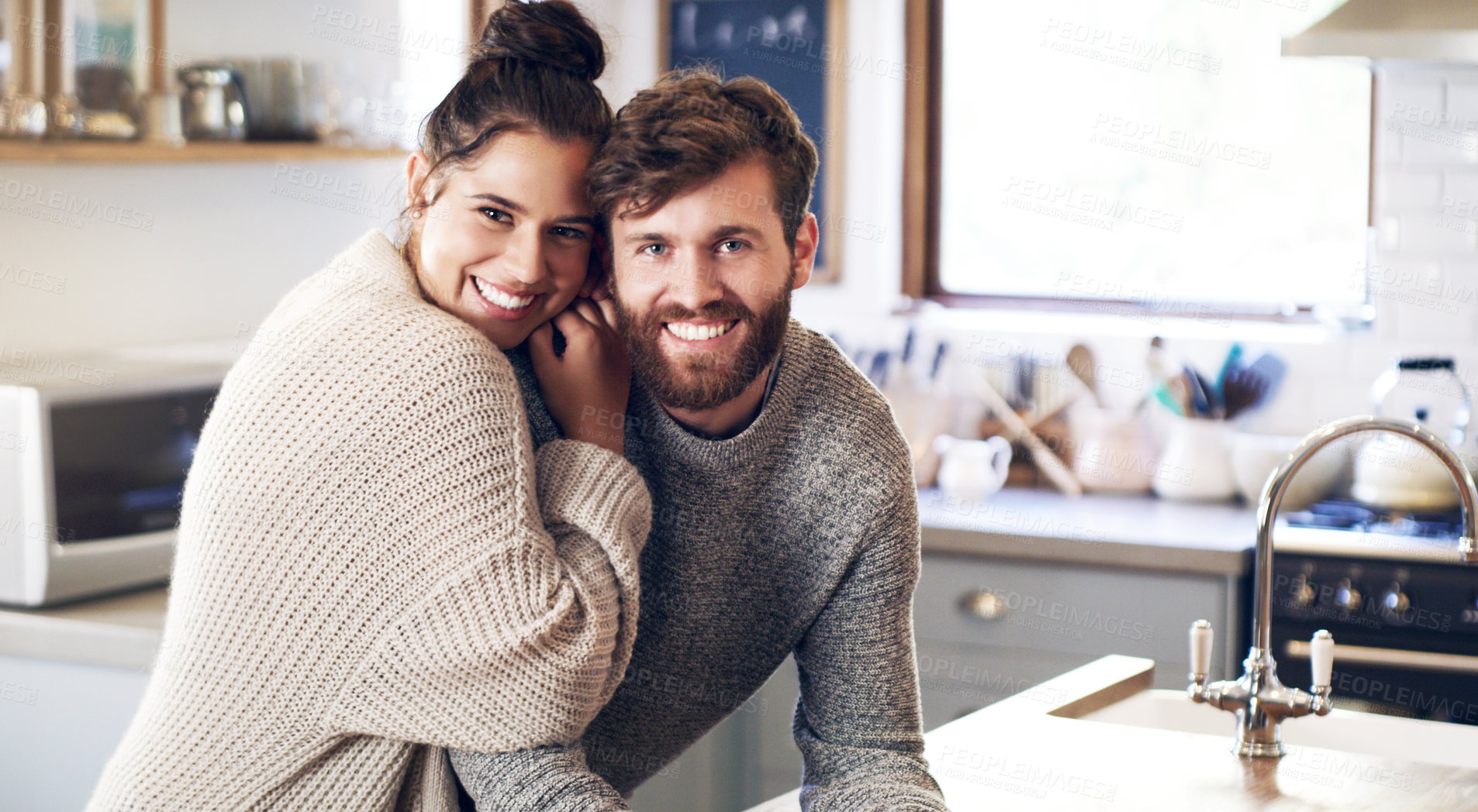 Buy stock photo Couple, people and home on portrait in kitchen with smile,  together and support for unity. Relationship, happy and bonding for compassion with commitment for care, help and trust as soulmate in love