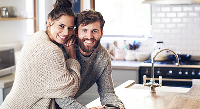 Buy stock photo Happy, couple and people in kitchen on portrait, together and support for unity. Relationship, home and smile with bonding for commitment with care, help and trust as soulmate for love on break
