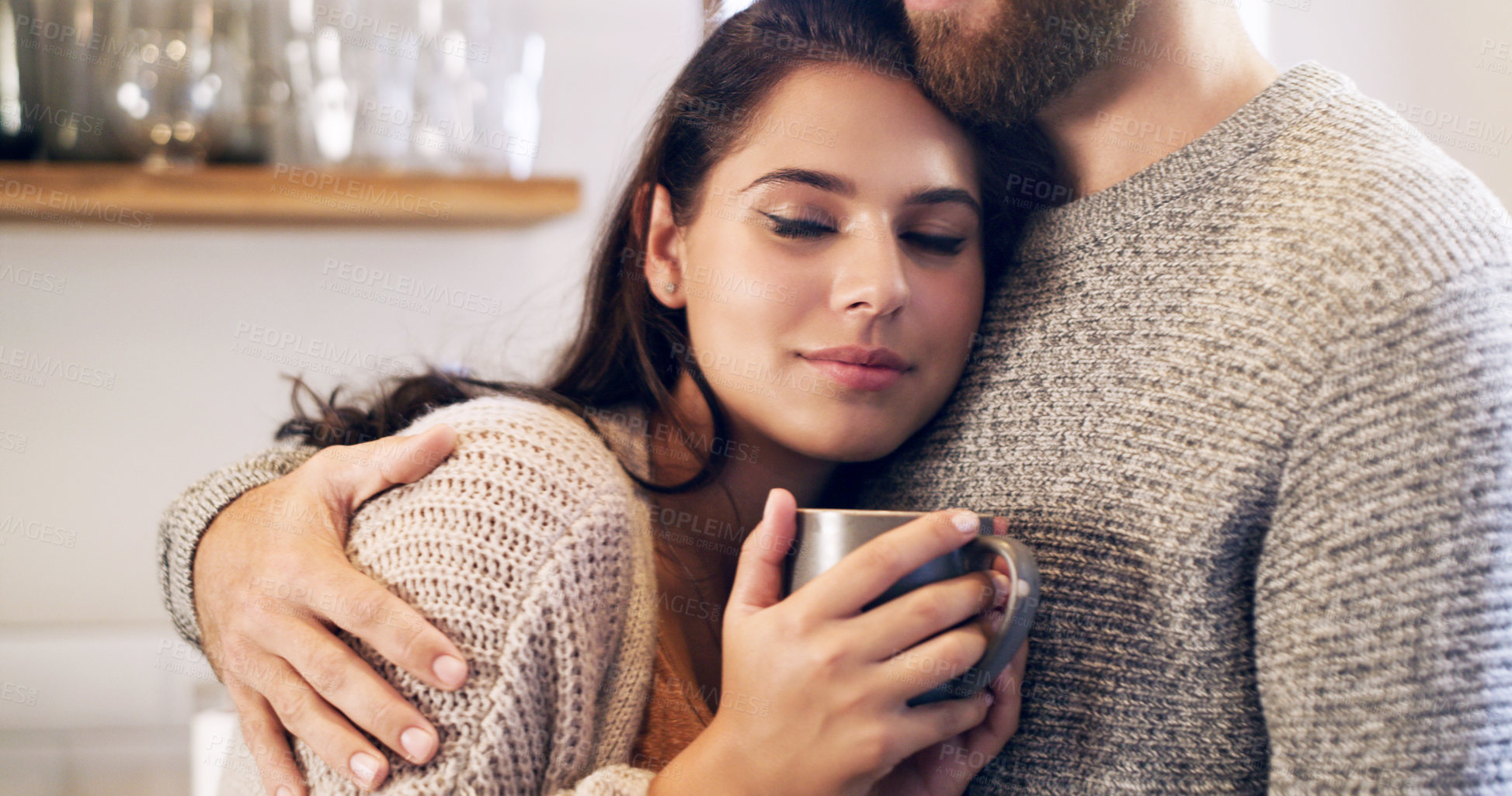 Buy stock photo Couple, people and eyes closed with hug in kitchen,  together and support for unity. Relationship, comfort and bonding for romance with commitment for care, help and trust as soulmate for love