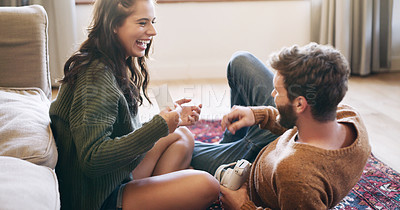 Buy stock photo Happy, young couple and spending romantic time or relax on the floor or weekend holidays and caring at home. Love, relationship and bonding or man or woman person and understanding each other