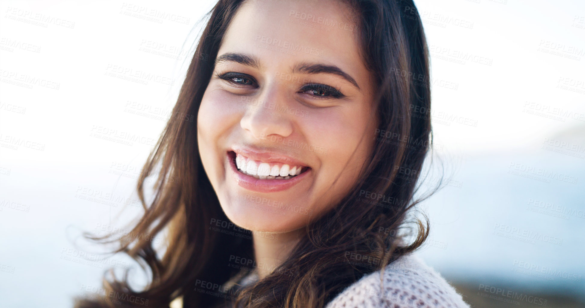 Buy stock photo Outdoor, happy and portrait of girl, face and Gen z in nature for break, smile and travel in Cancun. Spring, person and woman in holiday, weekend and confidence for tourism in vacation and morning