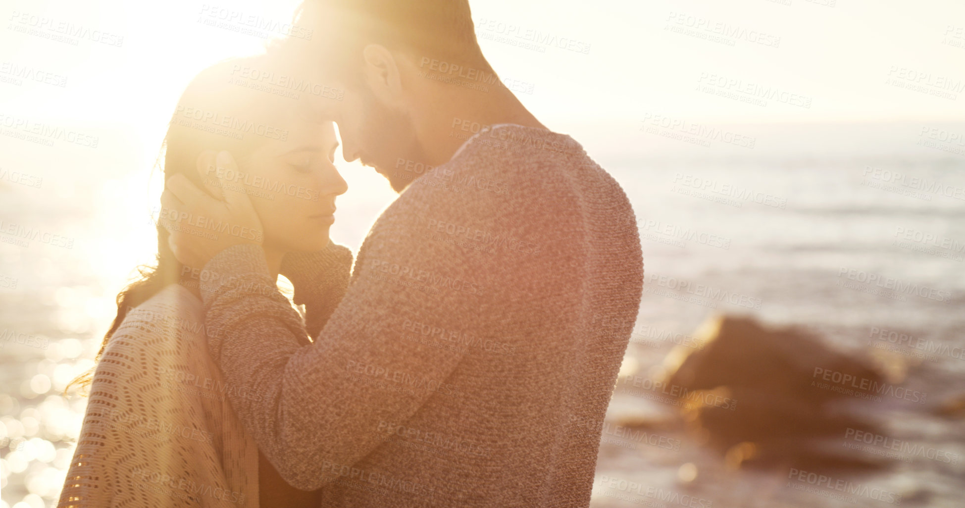 Buy stock photo Couple, forehead and hug on beach together for romantic sunset, bonding in nature and love, Happy, man and woman embrace on ocean sand for holiday, adventure and summer travel or vacation in sunshine