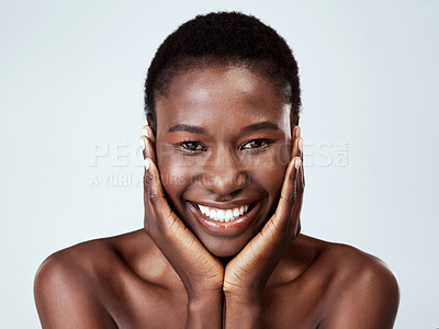 Buy stock photo Makeup, portrait and black woman in studio, smile and treatment for glow of skin, proud and wellness. White background, shine and results of dermatology for face, smooth and skincare with cosmetics