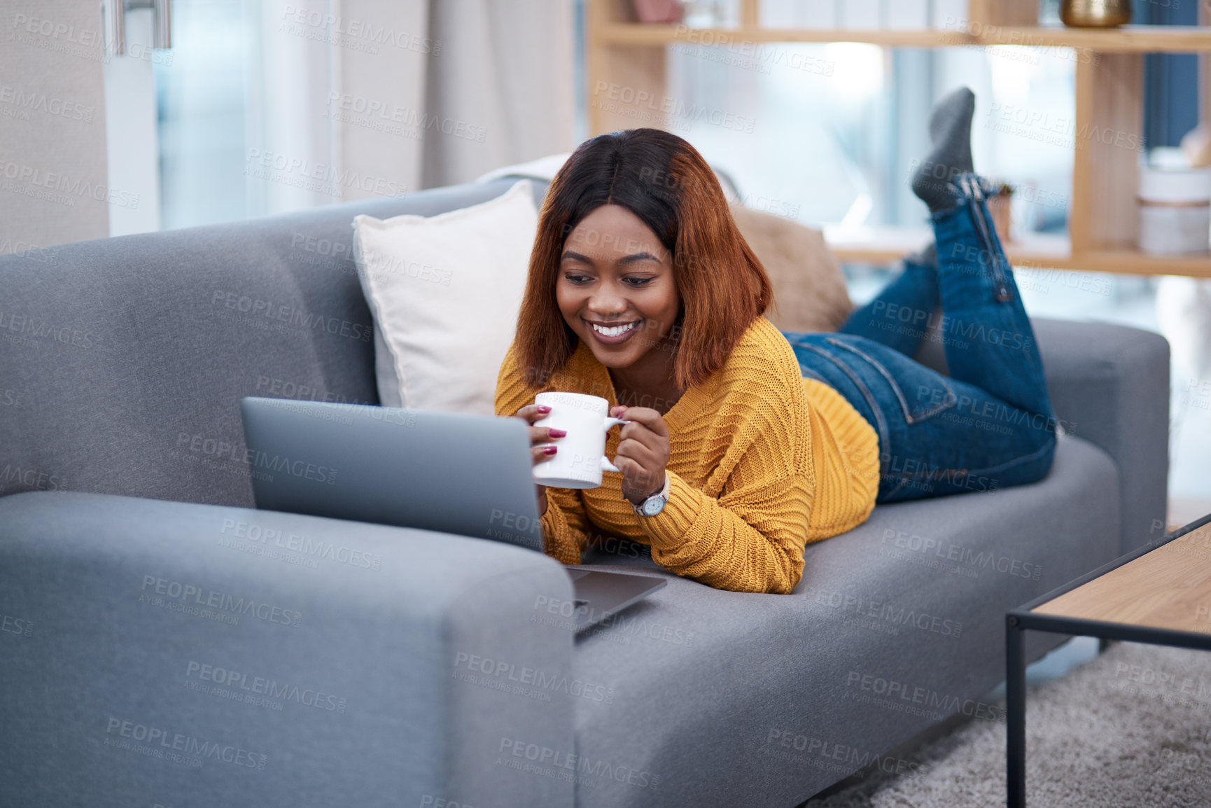 Buy stock photo Relax, coffee or happy black woman with laptop on sofa for streaming movie, show or film at home. Pc, search and African girl with tea in a living room for online sign up, video or social media reel