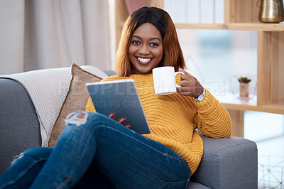Buy stock photo Relax, portrait and happy black woman with tablet on a sofa with website scroll on coffee break at home. Digital, search and tea cup for social media, newsletter or streaming movie, video and film