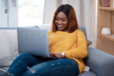 Buy stock photo Black woman with laptop, smile and relax on couch, search online for movie and streaming subscription at home. Happy African female person in apartment, connectivity and watching on pc with internet