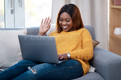 Buy stock photo Home, wave and black woman with laptop for video call, greeting and online meeting in lounge. African person, apartment or girl with computer, tech or virtual chat with network or internet with hello