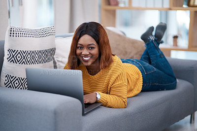 Buy stock photo Black woman with laptop, portrait and relax on sofa, search online for movie and streaming subscription at home. Happy African female person in apartment, connectivity and watching on pc with web