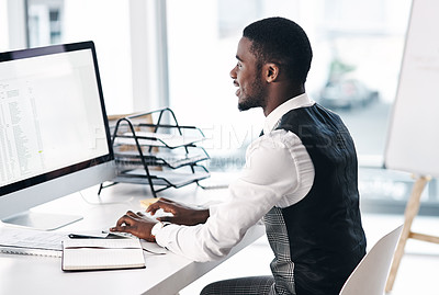 Buy stock photo Business man, finance and computer screen for spreadsheet analysis of company revenue, profit or sales. Accountant, auditor or bookkeeping worker typing on office desktop with numbers or stats report