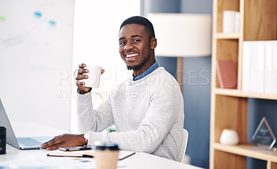 Buy stock photo Portrait, business and black man at desk, coffee and laptop with professional and entrepreneur. African person, face and employee with morning tea and computer with agent and PR consultant with smile
